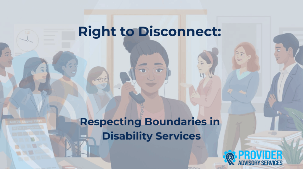 A diverse group of disability support workers and managers in a welcoming office setting. A woman answers a phone calmly during work hours, reflecting respectful communication and a strong Right to Disconnect policy.