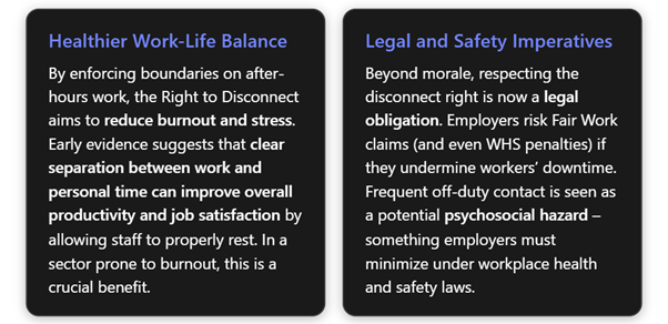 wo insight cards on the wellbeing and legal benefits of the Right to Disconnect.