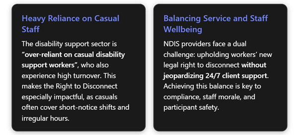 Two insight cards highlighting workforce challenges in the NDIS sector.